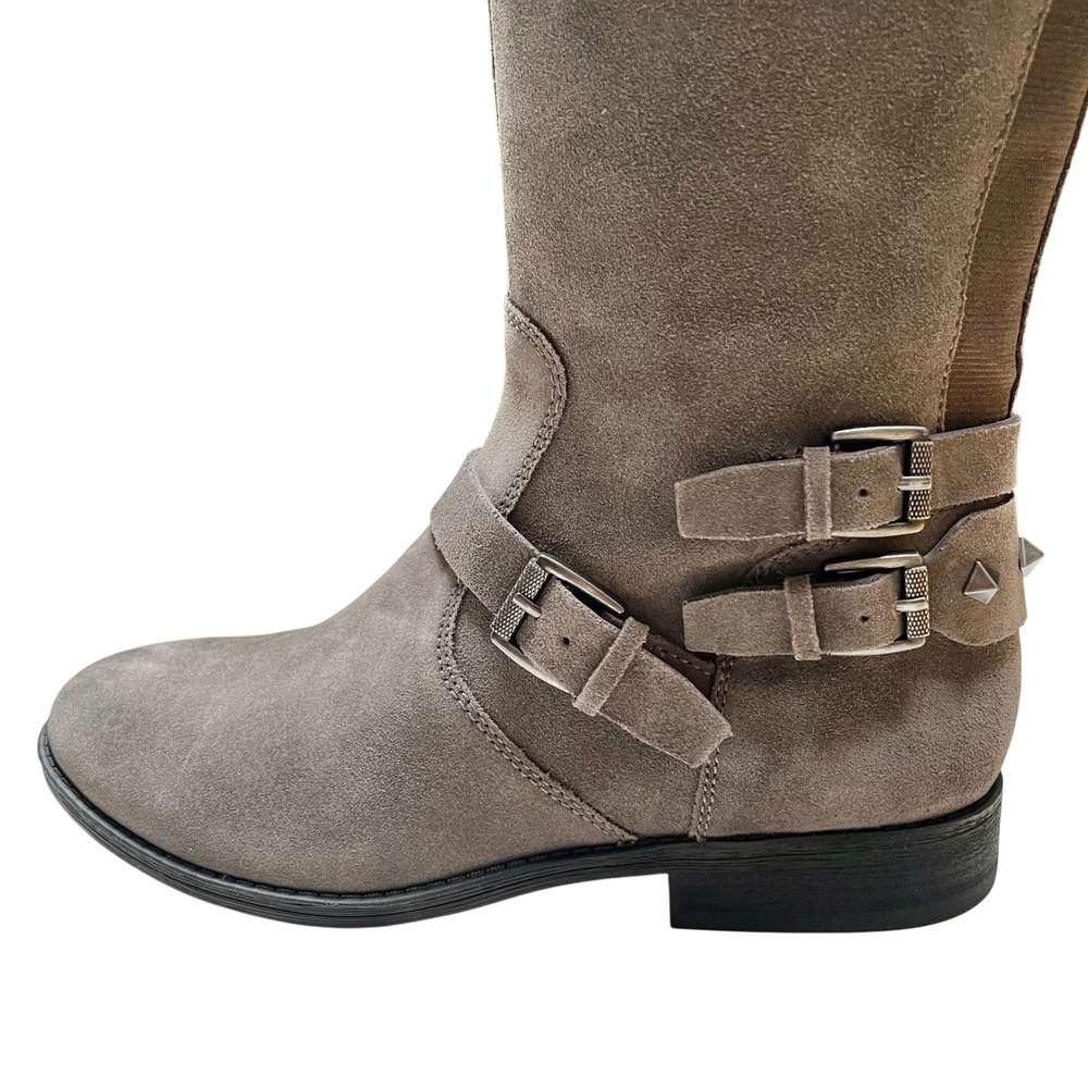 Marc Fisher Womens Gray Suede Knee High Boots Buckle Studded Side Zip Flat Heel - Picture 8 of 11